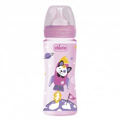 Chicco Well Being plastic baby bottle with fast flow silicone nipple - pink